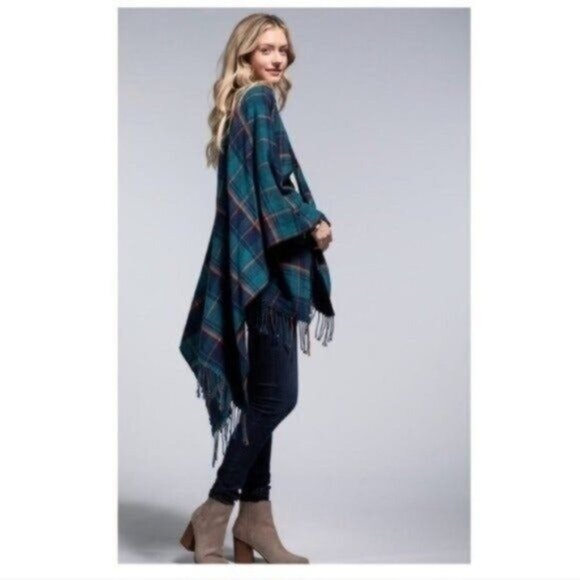 BUFFALO PLAID TEAL RUANA PONCHO-NEW-ONE SIZE-NEW - Picture 5 of 6